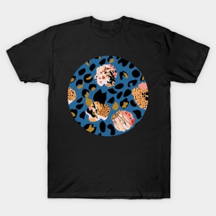 Modern abstract rose and leopard texture blue T-Shirt